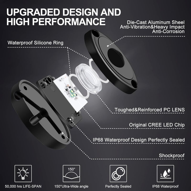 YONEDA 8 Pods White Rock Lights 6000K Ultra Bright LED Neon Underglow Lights IP68 Waterproof for Trucks SUV UTV ATV RZR Car Boats Pickup Motorcycle with 32.8ft Extension Wire - Image 4